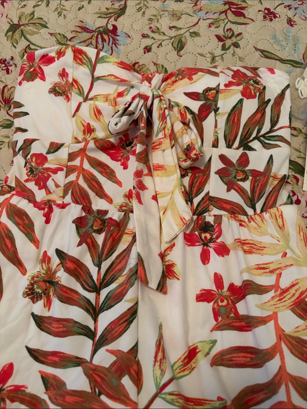Floral Strapless Jumpsuit with Tie Front - White, rust, green